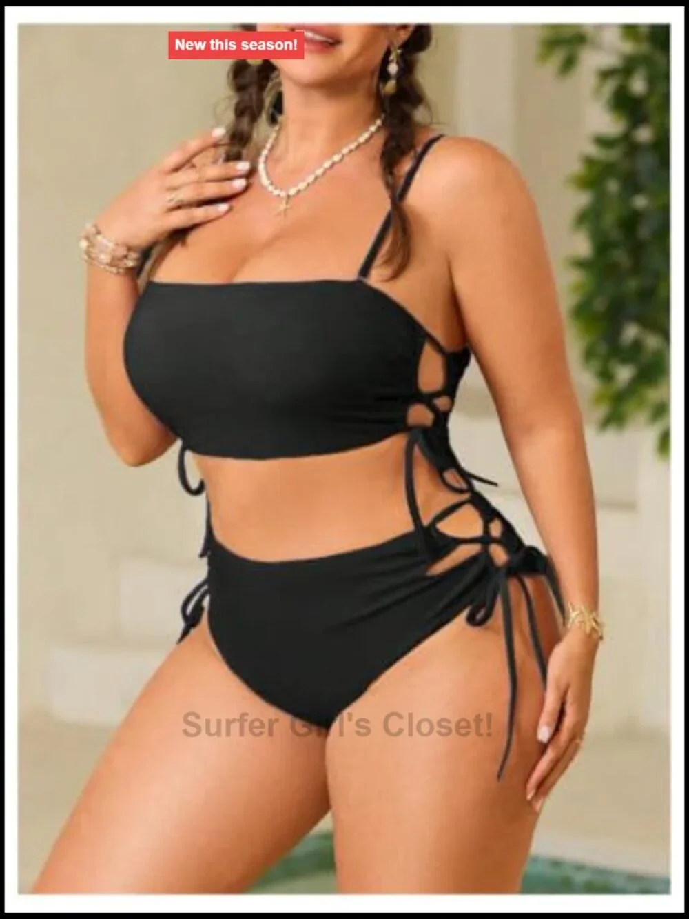 Plus Size High Waisted Bikini Set Spaghetti Strap Lace Up Swimwear Beachwear